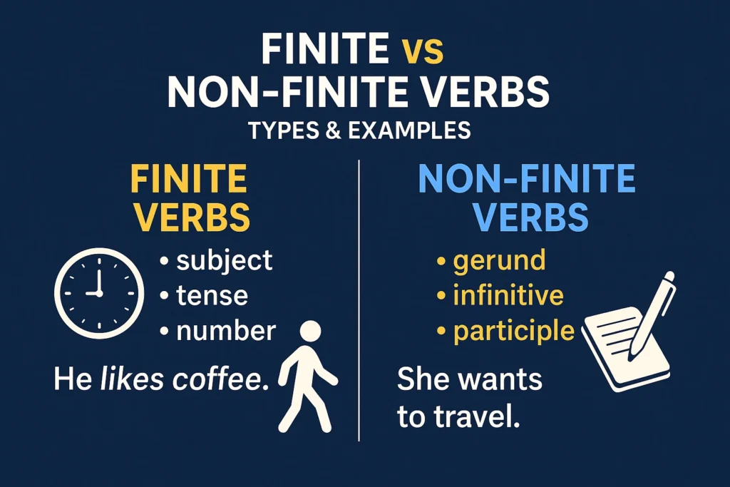 Learn all about verbs, finite verbs, and non-finite verbs with detailed explanations, rules, and examples. Understand finite verb agreement with subject, tense, and number, and explore non-finite types – gerund, infinitive, and participle.